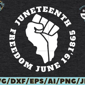 May include: Black and white graphic design featuring a raised fist in a circle with the text "Juneteenth 19, 1865 Freedom June" around it.