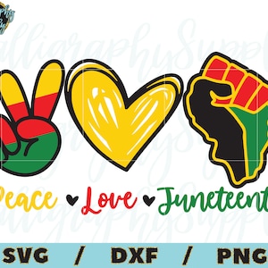 May include: Peace, love, and Juneteenth graphic design with a peace sign, heart, and raised fist in red, yellow, green, and black.