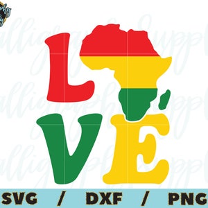 May include: A red, yellow, and green graphic of the African continent with the word "LOVE" in a stylized font. The letters are colored red, green, and yellow.