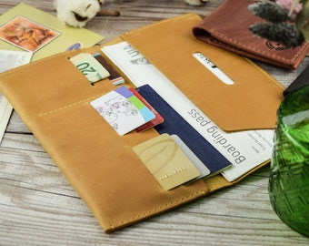 Organizador de billetera de viaje de cuero personalizado hecho a mano, porta pasaporte y tarjetero