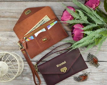 Cartera de cuero para mujer/Cartera fina tipo clutch/Regalo para ella