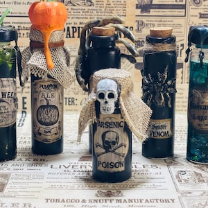 Unique Holiday Present- Gifts for her- Christmas Bottles - Apothecary Bottle - Magic Potion - Skull Bottle -Apothecary Cabinet - Oddities
