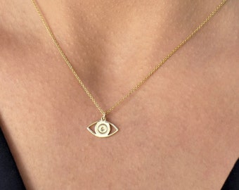 Collier mauvais œil en or rose 14 carats, porte-bonheur mauvais œil, or massif mauvais œil, pendentif protection, cadeau pour elle, collier minimaliste, cadeau d'anniversaire