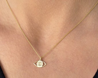 14k White Gold Evil Eye Necklace,Evil Eye Lucky Charm,Solid Gold Evil Eye,Protection Pendant,Gift For Her,Minimalist Necklace,Birthday Gift