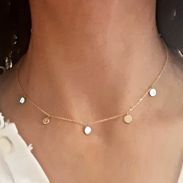 14k Solid Gold Disc Charm Necklace, 14K Solid Gold Choker, Minimalist Necklace, Layering Necklace, Choker Necklace , Gold Disc Choker