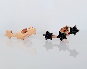 14k Rose Gold Stars Stud Earrings,Triple Star Ear Climber,Celestial Star Studs,Crawler Earring, Rose Gold Studs,Solid Gold,Gift For Her.