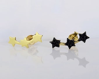 14k Yellow Gold Stars Stud Earrings,Triple Star Ear Climber,Celestial Star Studs,Crawler Earring,Yellow Gold Studs,Solid Gold,Gift For Her.