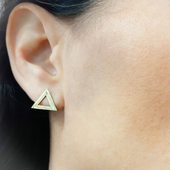 14K イエロー ゴールド トライアングル イヤリング、14K ソリッド 