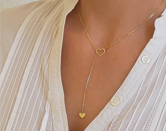 14k Rose  Gold Heart  Lariat Necklace, Heart Necklace,14k Solid Heart Gold Necklace,Heart Necklace,Love Necklace,Minimalist Necklace Heart