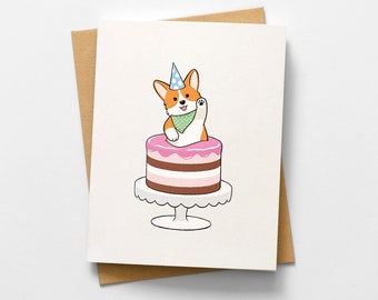 Cute Corgi Birthday Cake Greeting Card / Love, Holiday, Gift, Pembroke Welsh