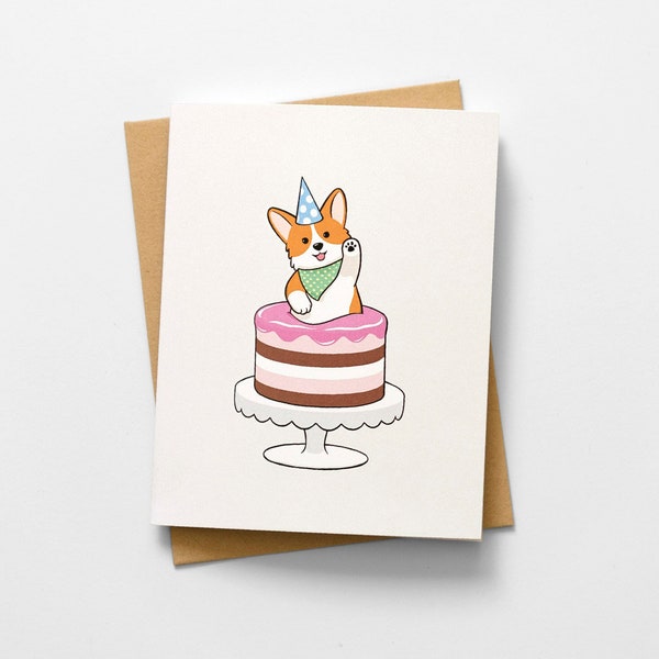 Cute Corgi Birthday Cake Greeting Card / Love, Holiday, Gift, Pembroke Welsh