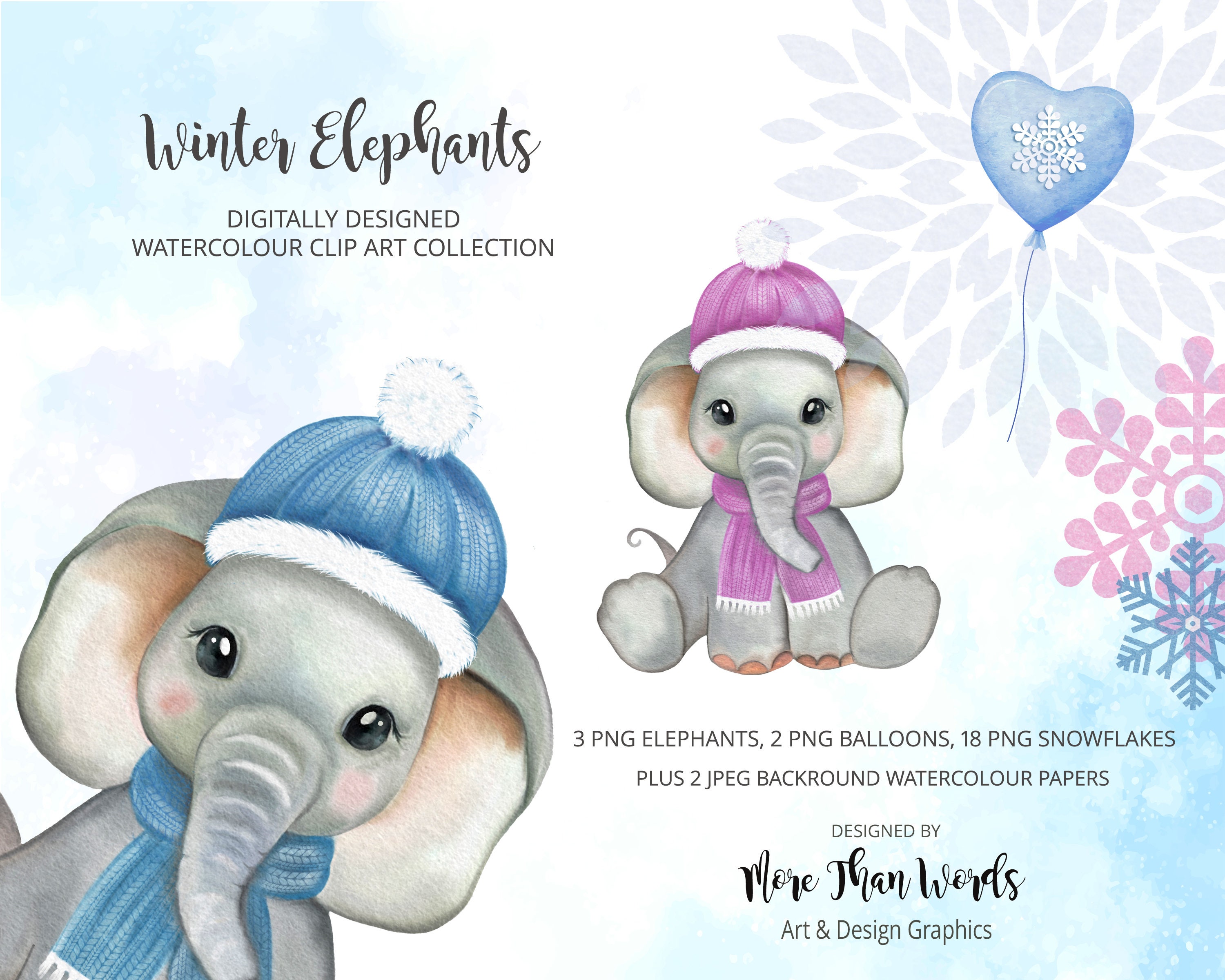 Winter Elephants Watercolor Clip Art Elephant Clipartscarfs | Etsy