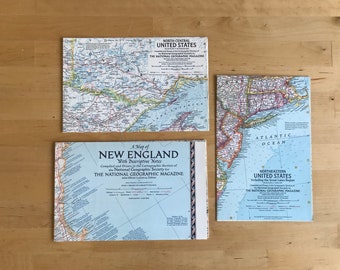 Set of 3 National Geographic Maps: Northeastern United States, North Central United States, New England