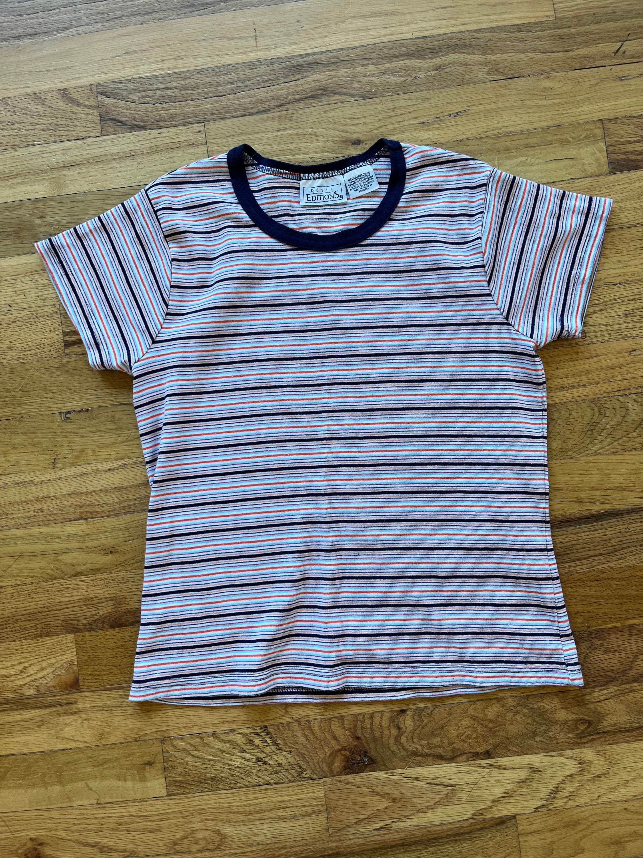 90s BASIC EDITIONS Tシャツ Vintage 90s Basic Editions Striped T Shirt. Size M Boxy