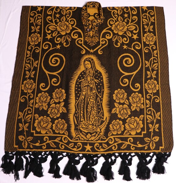 Mexican Jorongo Poncho with virgen de guadalupe Gaban w/Virgin Mary white Colors 