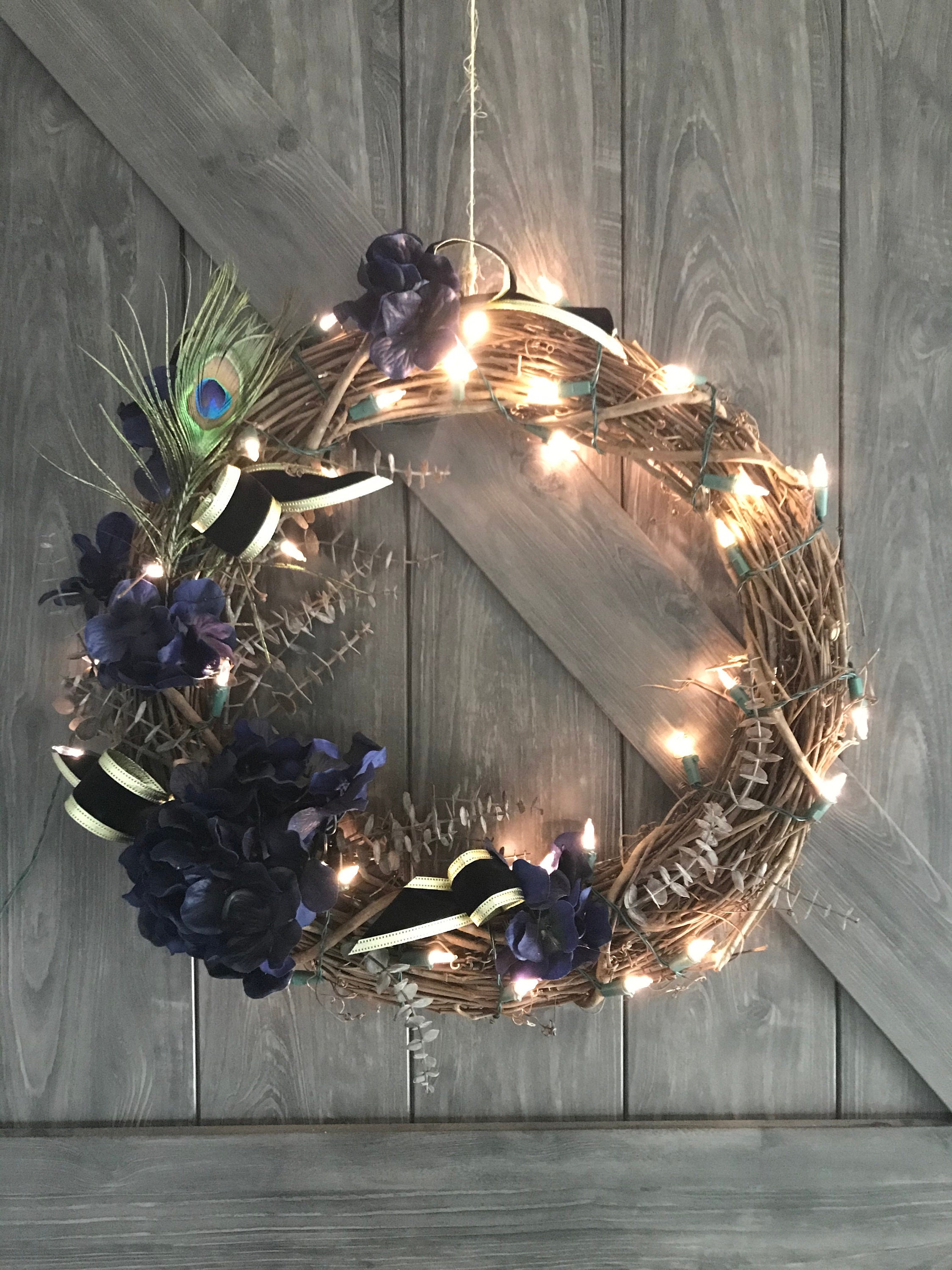 Elegant Lighted Grapevine Wreath Dark Blue and Black Wreath Etsy UK