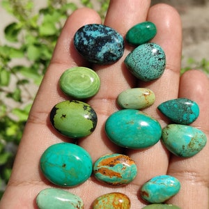 May include: A collection of turquoise cabochons in various shades of green and blue. The stones are smooth and polished, with some showing natural veining and inclusions.