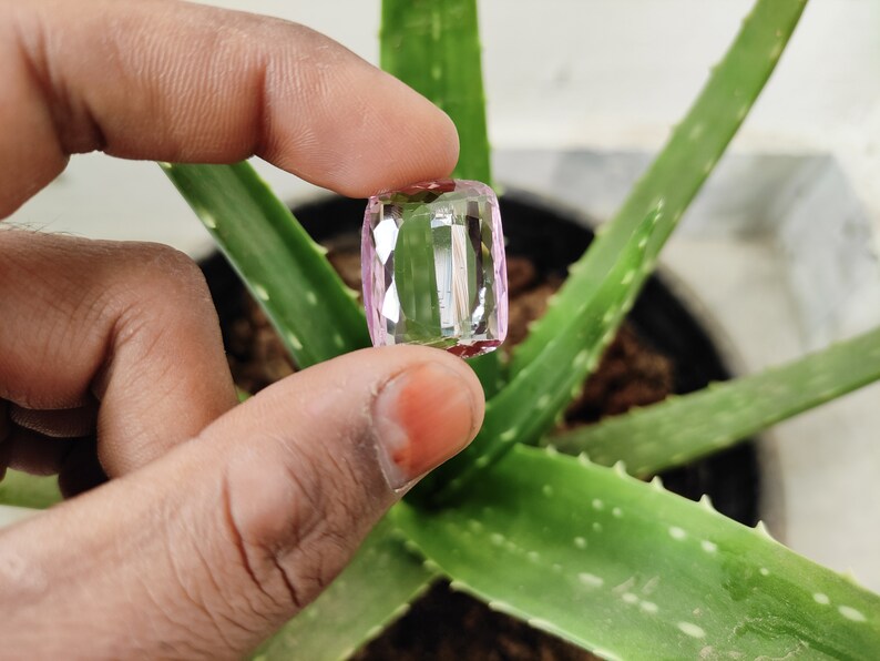 May include: A clear, faceted, pink gemstone with a rectangular shape. The gemstone is being held by a hand against a green aloe vera plant.