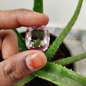 May include: A light pink, faceted gemstone with a cushion cut. The gemstone is being held by a hand against a green aloe vera plant.