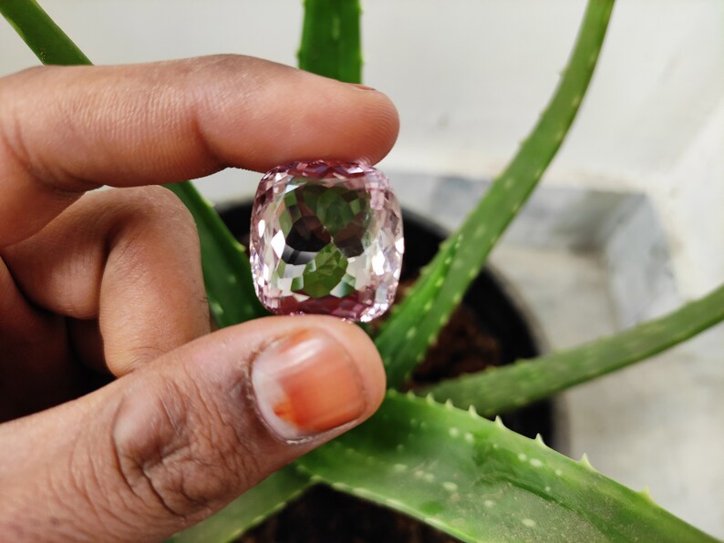 May include: A light pink, faceted gemstone with a cushion cut. The gemstone is being held by a hand against a green aloe vera plant.