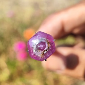 May include: A close-up of a pink gemstone with a silver-colored inclusion in the center. The gemstone is faceted and has a hexagonal shape.