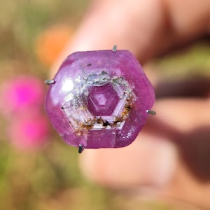 Puede incluir: Primer plano de una gema rosa con forma hexagonal y un centro claro y facetado. La gema está sujeta en su lugar por garras metálicas.