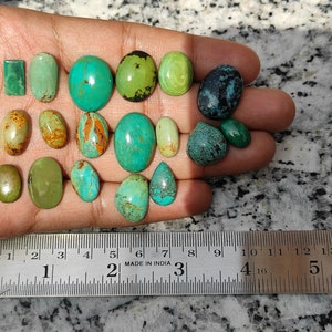 May include: Assortment of 17 turquoise cabochons in various shapes and sizes, ranging in color from green to blue, with some having brown or black markings. The cabochons are displayed on a hand with a ruler for scale.