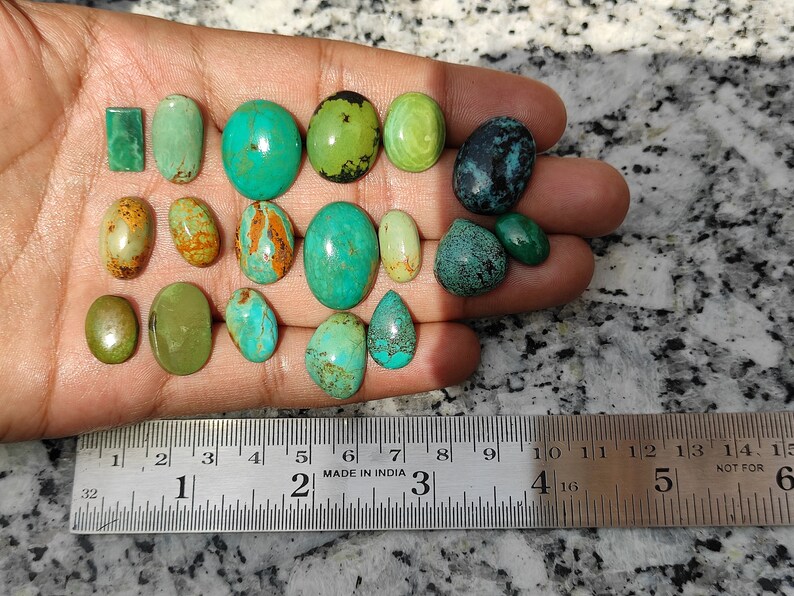May include: Assortment of 17 turquoise cabochons in various shapes and sizes, ranging in color from green to blue, with some having brown or black markings. The cabochons are displayed on a hand with a ruler for scale.
