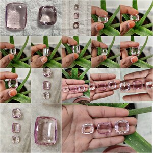 May include: A collection of pink cushion-cut gemstones of various sizes. The gemstones are displayed on a white surface and in the hands of a person.