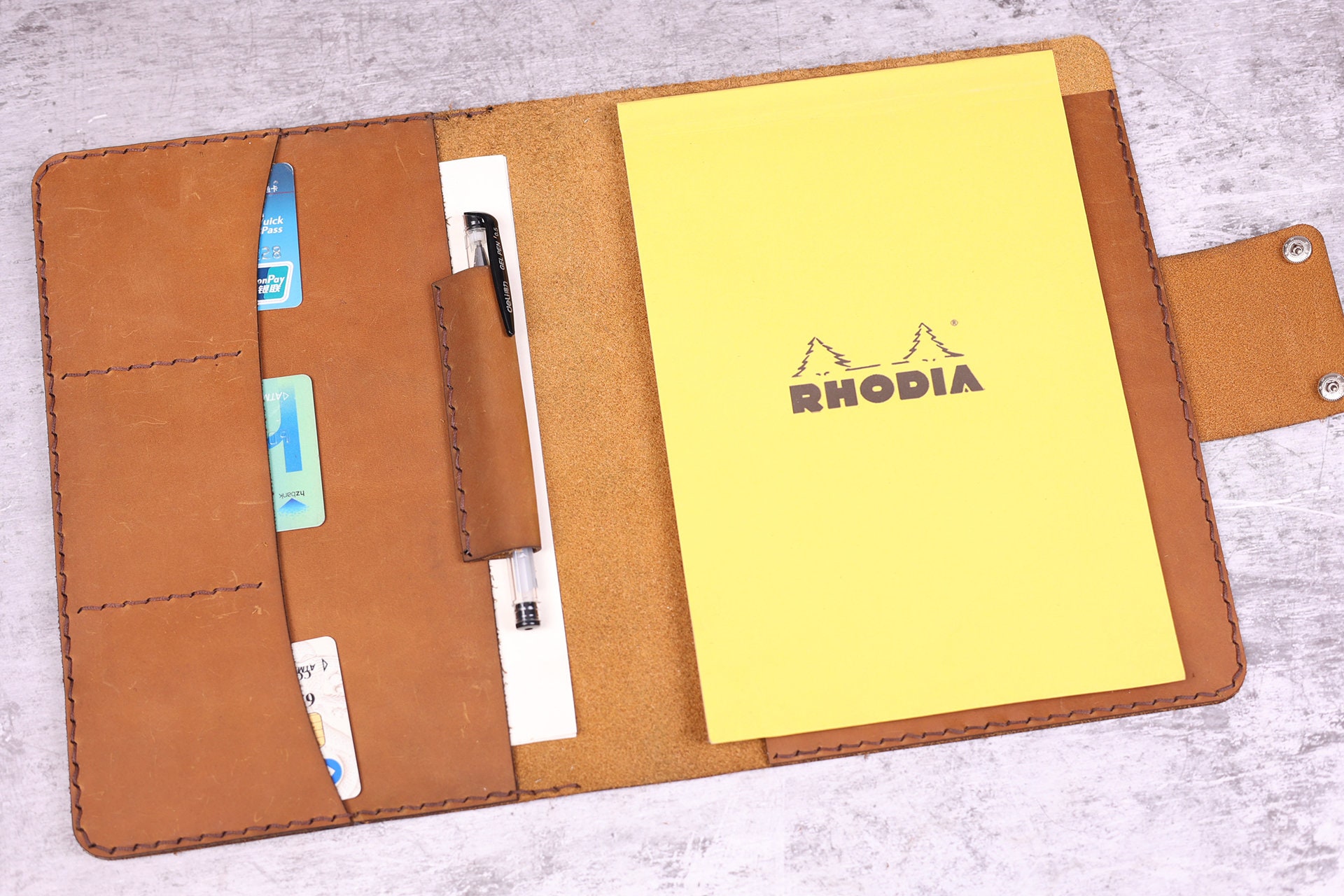 Custom Personalized Distressed Leather Cover Portfolio for RHODIA Pad No 16  A5 Size / 5.8x8.3/ With Pen Holder ,light Brown RH-2 