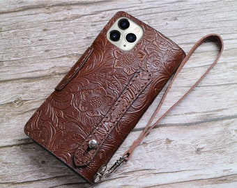 Wristlet Tooled Embossed Leather 15 Pro Max/15 Plus/15/14 Pro Max/14 Plus 13 Pro max, 11 Pro Max,12 Pro max Wallet Case 11 Pro Leather Case