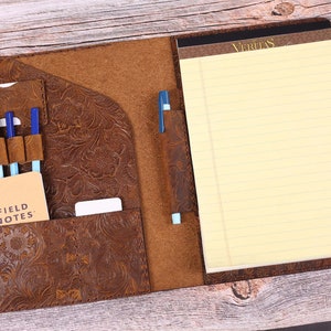 Portafolio de cuero personalizado, soporte para bloc de notas, 8.5 x 11.75 tamaño carta Teclado de escritura, Folio de negocios de cuero, Portafolio de trabajo, Brown #A4-3
