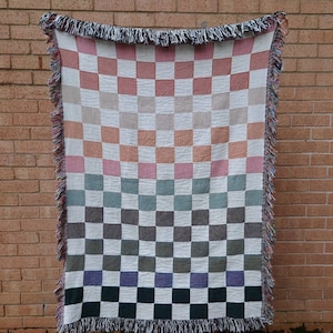 Checkered Blanket | Checkerboard Woven Blanket | Earth Tones Checkered Throw, Minimal Home Decor | Neutral Color Bedding, Modern House Gift