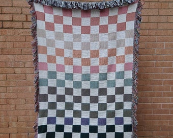 Checkered Blanket | Checkerboard Woven Blanket | Earth Tones Checkered Throw, Minimal Home Decor | Neutral Color Bedding, Modern House Gift