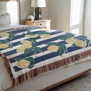 Lemon Throw Blanket – Woven Cotton Tapestry With Stripes, Mediterranean Kitchen Living Room Decor, Boho Summer Citrus Fruit Accent