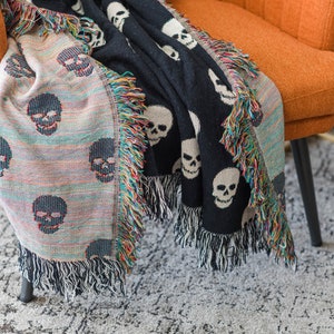 Skull Throw Blanket | Black Skull Cotton Throw | Woven Cotton Throw | Goth Lover Gift Ideas | Black And White Soft Blanket | Goth Home Decor