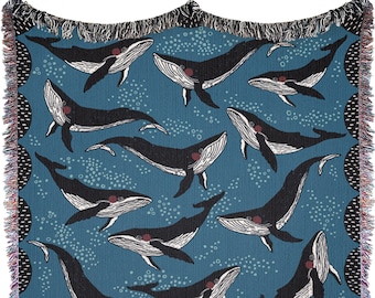 Wal-Decke | Meerestiere Überwurf | Ozean Wandteppich | Unter dem Meer Kunst | Meeresbewohner Illustration | Maritime Bettwäsche | Küsten Tagesdecke