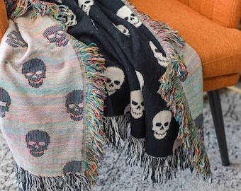 Skull Throw Blanket | Black Skull Cotton Throw | Woven Cotton Throw | Goth Lover Gift Ideas | Black And White Soft Blanket | Goth Home Decor