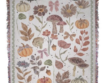 Coquette Cottagecore Woven Blanket: Mushroom Pumpkin Fall Decor
