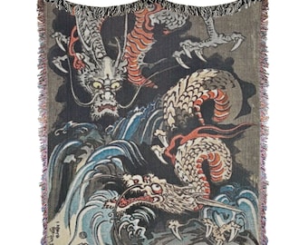 Dragon Blanket, Boyfriend Gift, Vintage Art Woven Blanket, Japanese Decor, Dragon Art Throw, Large Blanket for Him, Valentines Him, Birthday