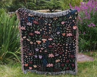 Boho Floral Blanket | Black Floral Blanket | Boho Tapestry | Cute Boho Decor | Bohemian Dorm Decor | Floral Tapestry Dorm, Folk Floral Throw