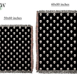 May include: Two woven throw blankets with a skull pattern. The smaller blanket is 50x60 inches and the larger blanket is 60x80 inches.