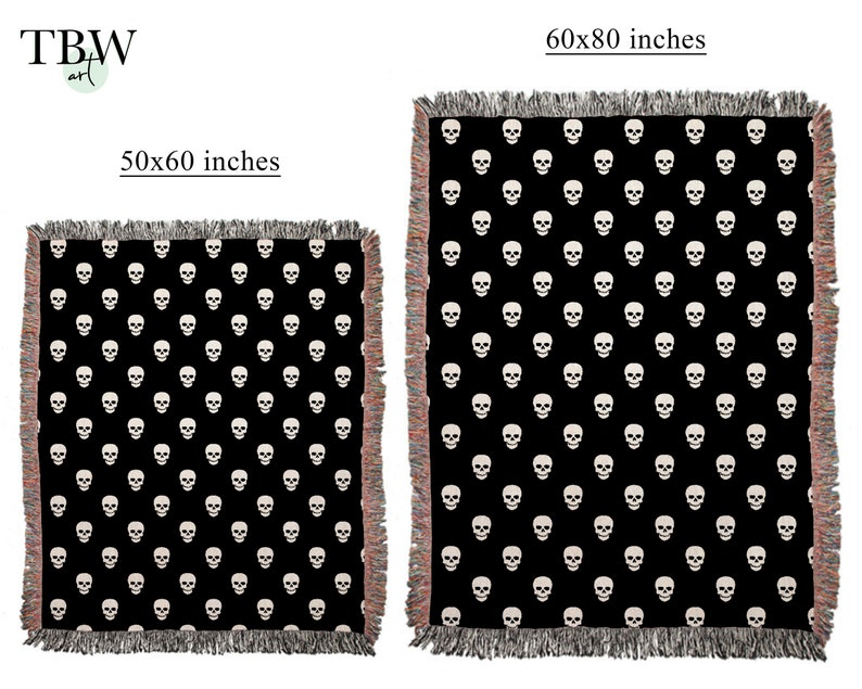 May include: Two woven throw blankets with a skull pattern. The smaller blanket is 50x60 inches and the larger blanket is 60x80 inches.