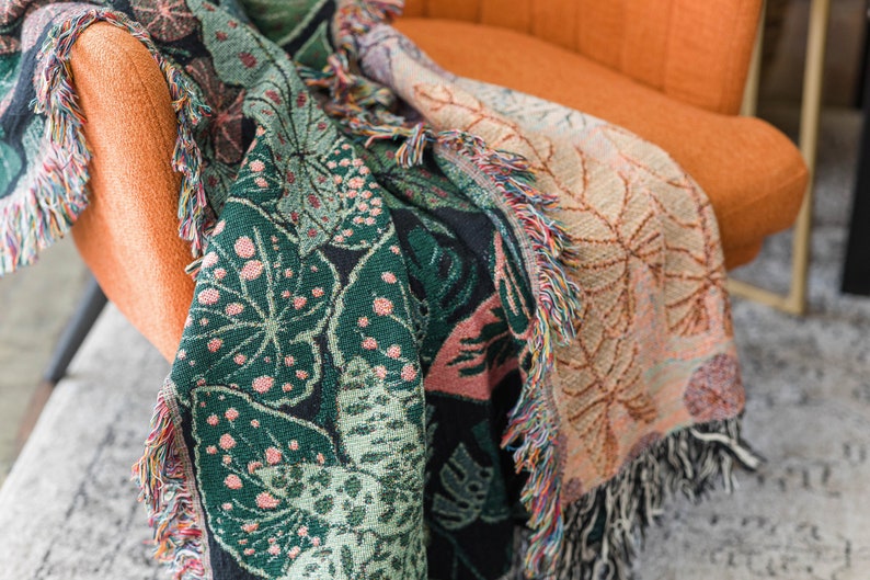 Botanical Throw Blanket, Botanical Tapestry, Plants Blanket, Leaves Blanket, Cute Summer Bedspread, Woven Throw, Cute Picnic Blanket image 9