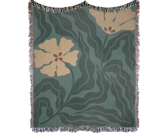 Tkany koc w stylu vintage, abstrakcyjny tkany koc roślinny, zielony tkany koc z dużymi kwiatami, prezenty do domu dla mamy, prezenty boho, prezenty na Boże Narodzenie