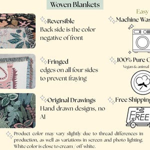 May include: Image showcasing woven blankets with various designs. Features include reversible designs, fringed edges, and original hand-drawn artwork. The blankets are machine washable and made of 100% pure cotton.