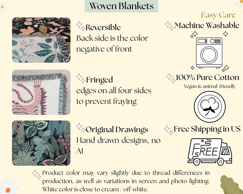 May include: Image showcasing woven blankets with various designs. Features include reversible designs, fringed edges, and original hand-drawn artwork. The blankets are machine washable and made of 100% pure cotton.