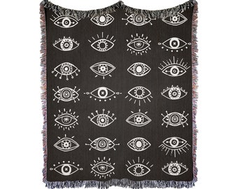 Evil Eye Woven Throw Blanket: 100% Cotton Tapestry