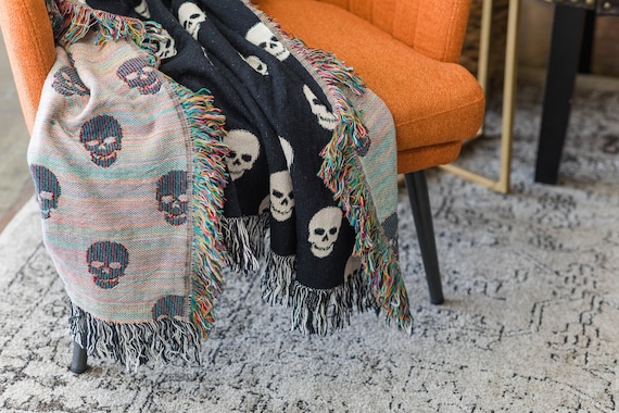 Skull Throw Blanket | Black Skull Cotton Throw | Woven Cotton Throw | Goth Lover Gift Ideas | Black And White Soft Blanket | Goth Home Decor