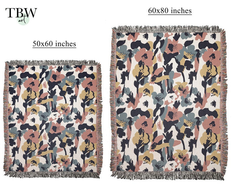 May include: Two floral-patterned throw blankets. The smaller blanket is 50x60 inches, and the larger is 60x80 inches. The design features abstract flowers in muted colors of pink, navy, yellow, and gray on a cream background. Both blankets have fringed edges.